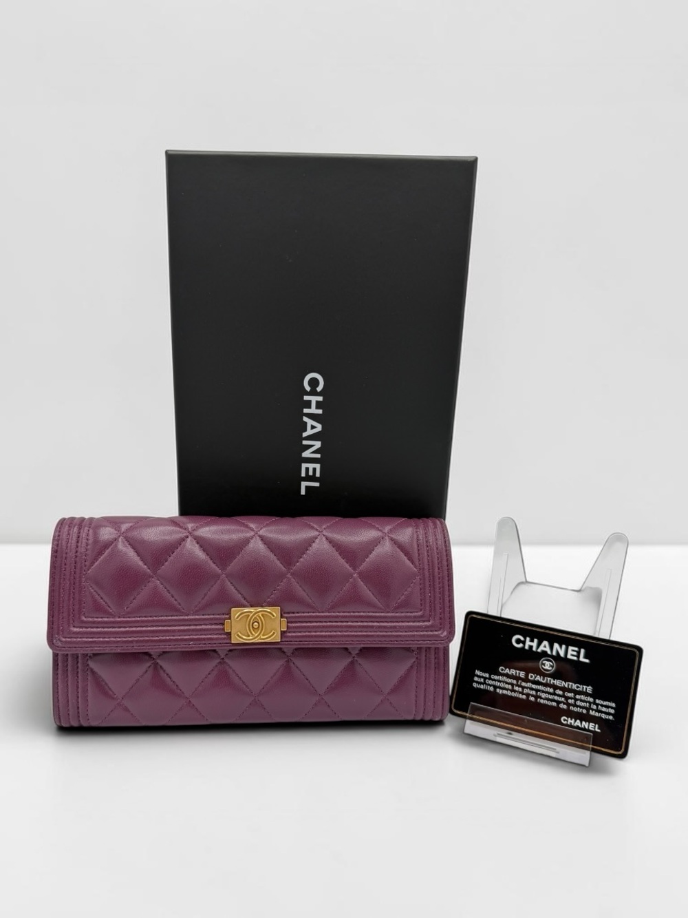 CHANEL BOY Flap Long Wallet Purple Quilted Lamb Skin Leather Gold Hardware